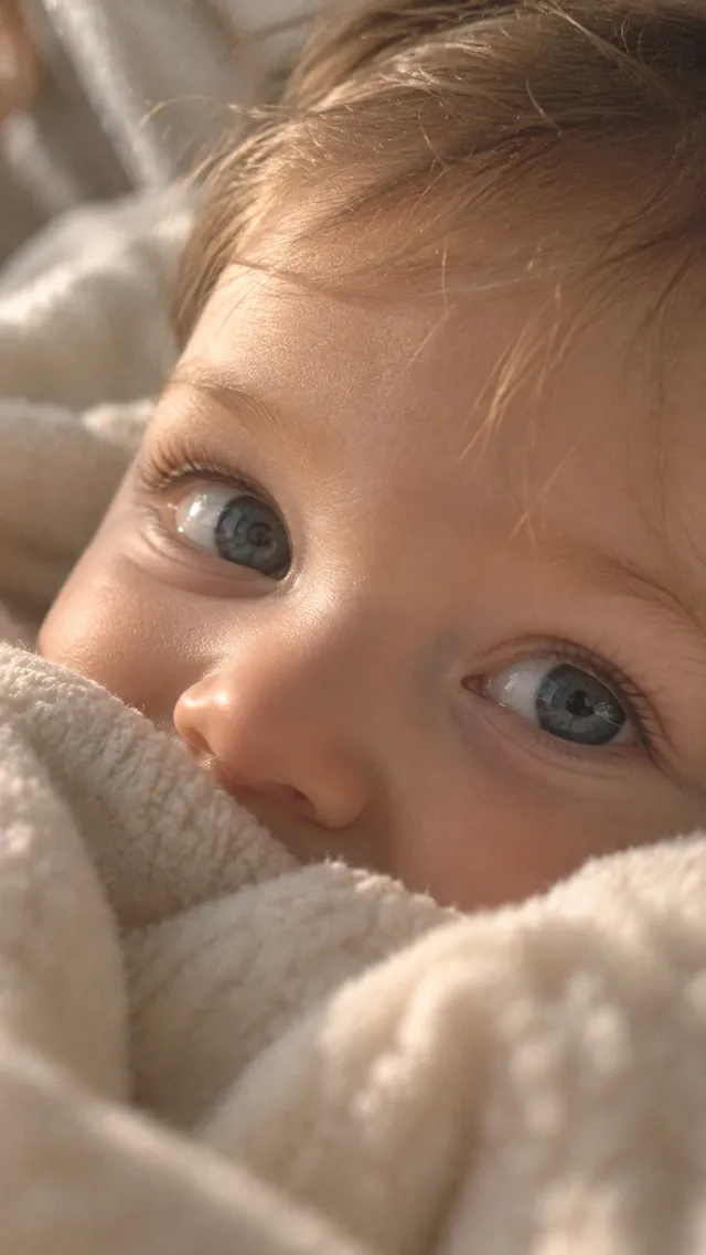 AI-generated image of a blue-eyed baby peeking out from a knit blanket