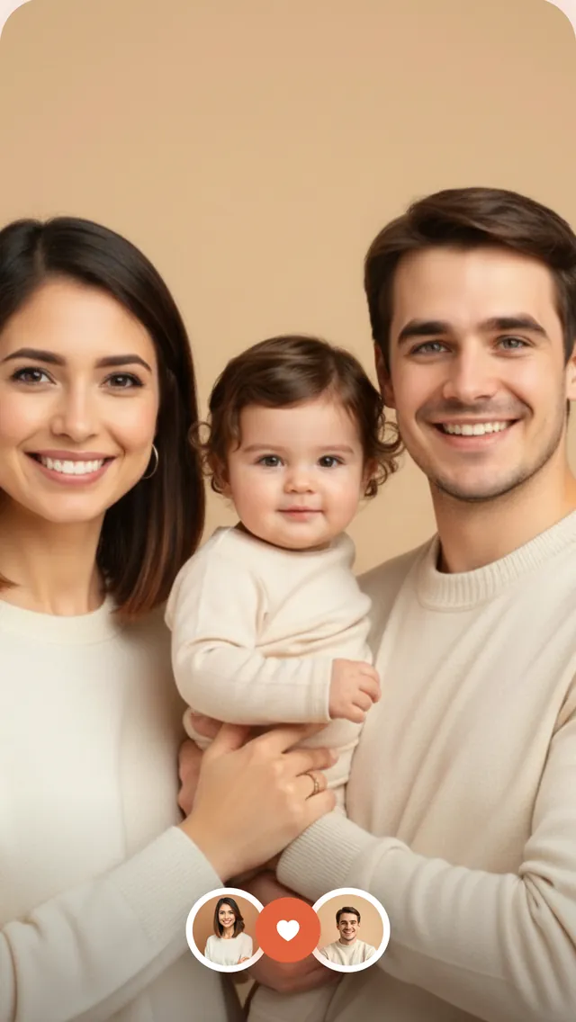 AI-generated family portrait of a mom and dad holding their predicted baby