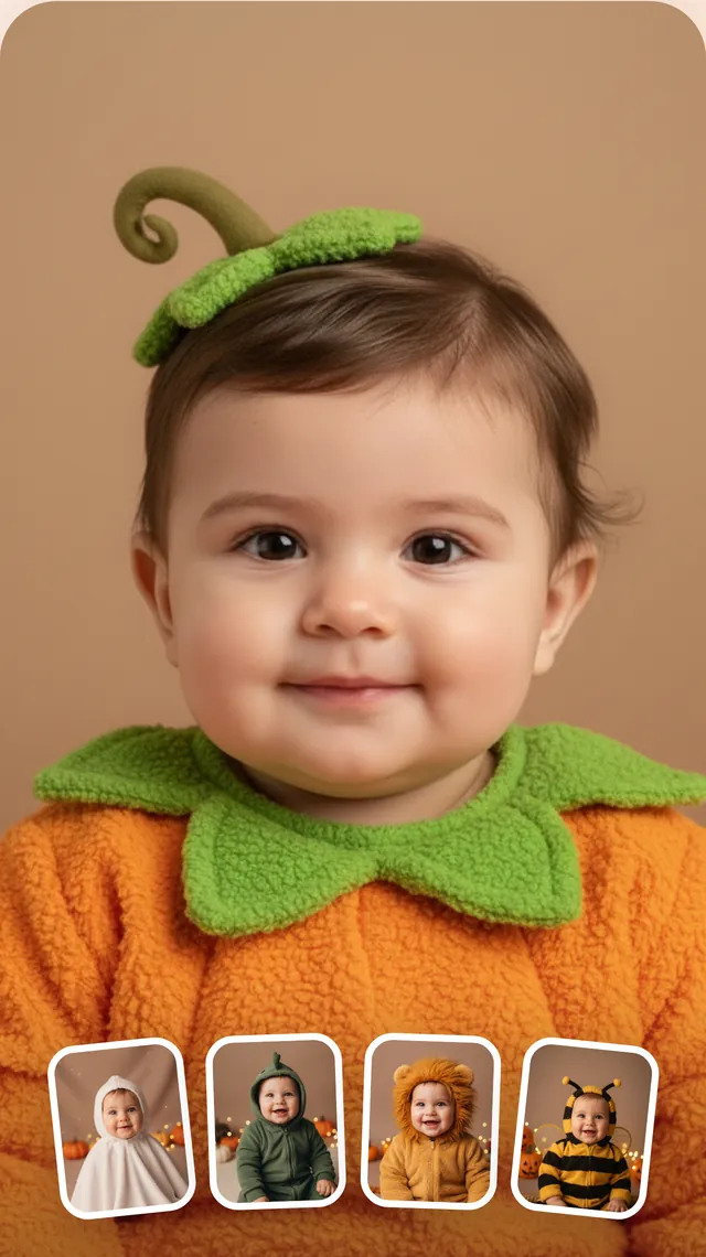 AI-generated baby dressed in a pumpkin costume, with more costume options below