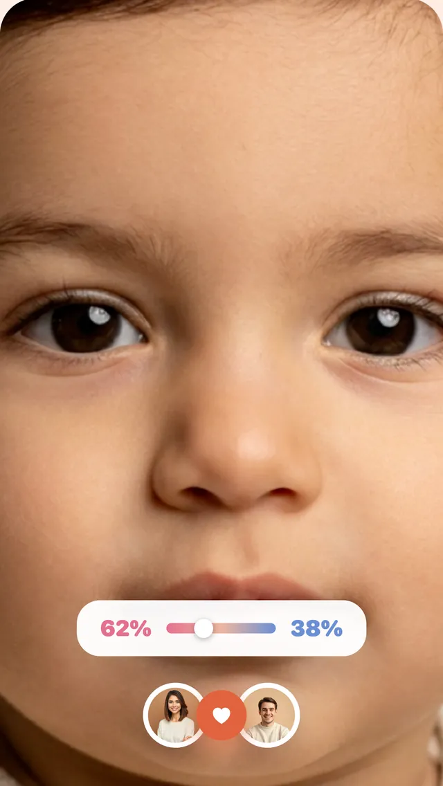 Close-up of an AI-generated baby face with a 62% mom, 38% dad slider