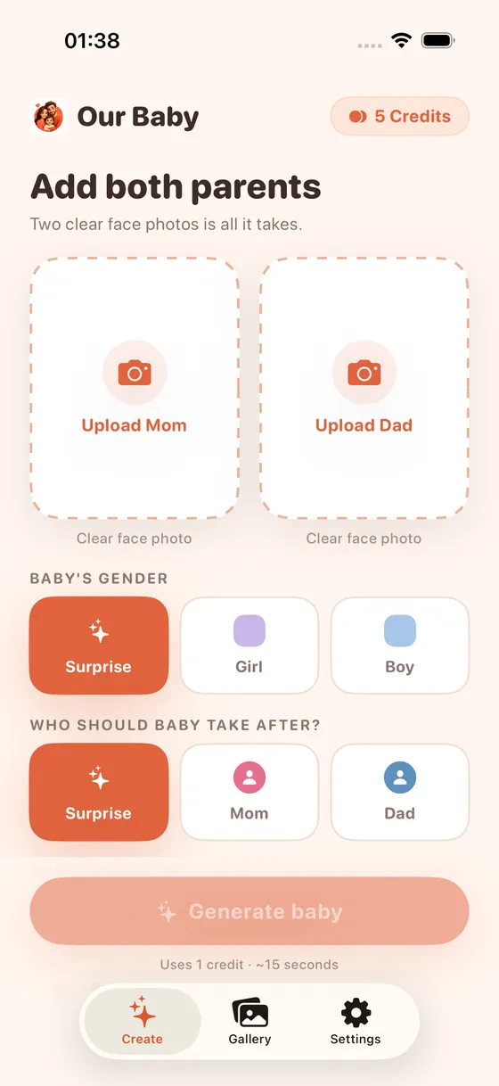 App screen with Upload Mom and Upload Dad photo slots