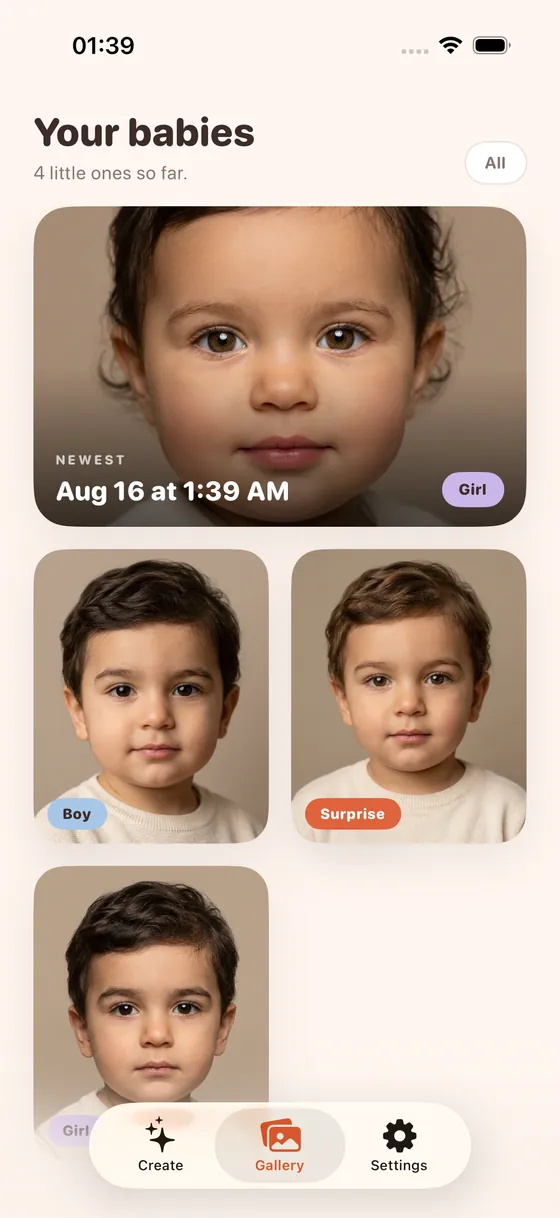 App gallery showing several saved baby results