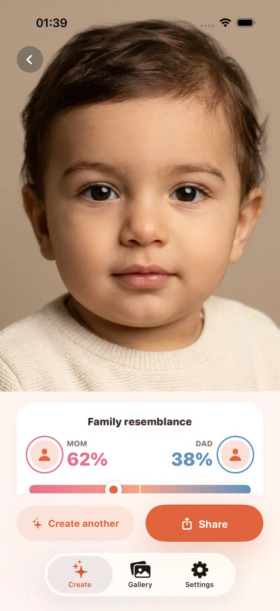 App result screen with a baby photo and a family resemblance card reading 62% mom, 38% dad